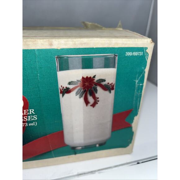 NOS Vintage Libbey Poinsettia Ribbon Glasses Set of 10 W/ Box USA - Picture 2 of 6